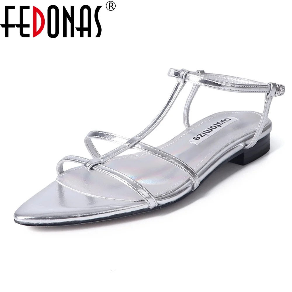 FEDONAS Fashion New Women Low Heels Sandals Genuine Leather Pointed Toe Buckles Rome Style Summer Shoes Woman Sandals