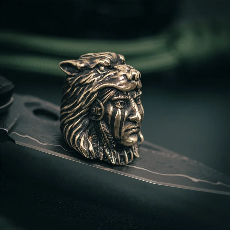 

1PC Indian Wolf Head Soldier Brass Knife Beads DIY Outdoor EDC Locomotive Key Chain Pendant Backpack Pendant Bead