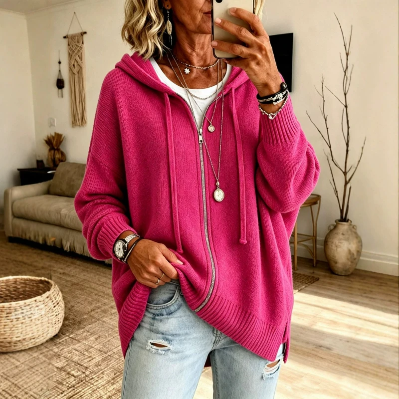 Women Zipper Hoodies Sweaters Solid Knit Long Sleeve Jumpers Casual Splice Warm Thick Sweater Cardigan Streetwear Autumn Winter