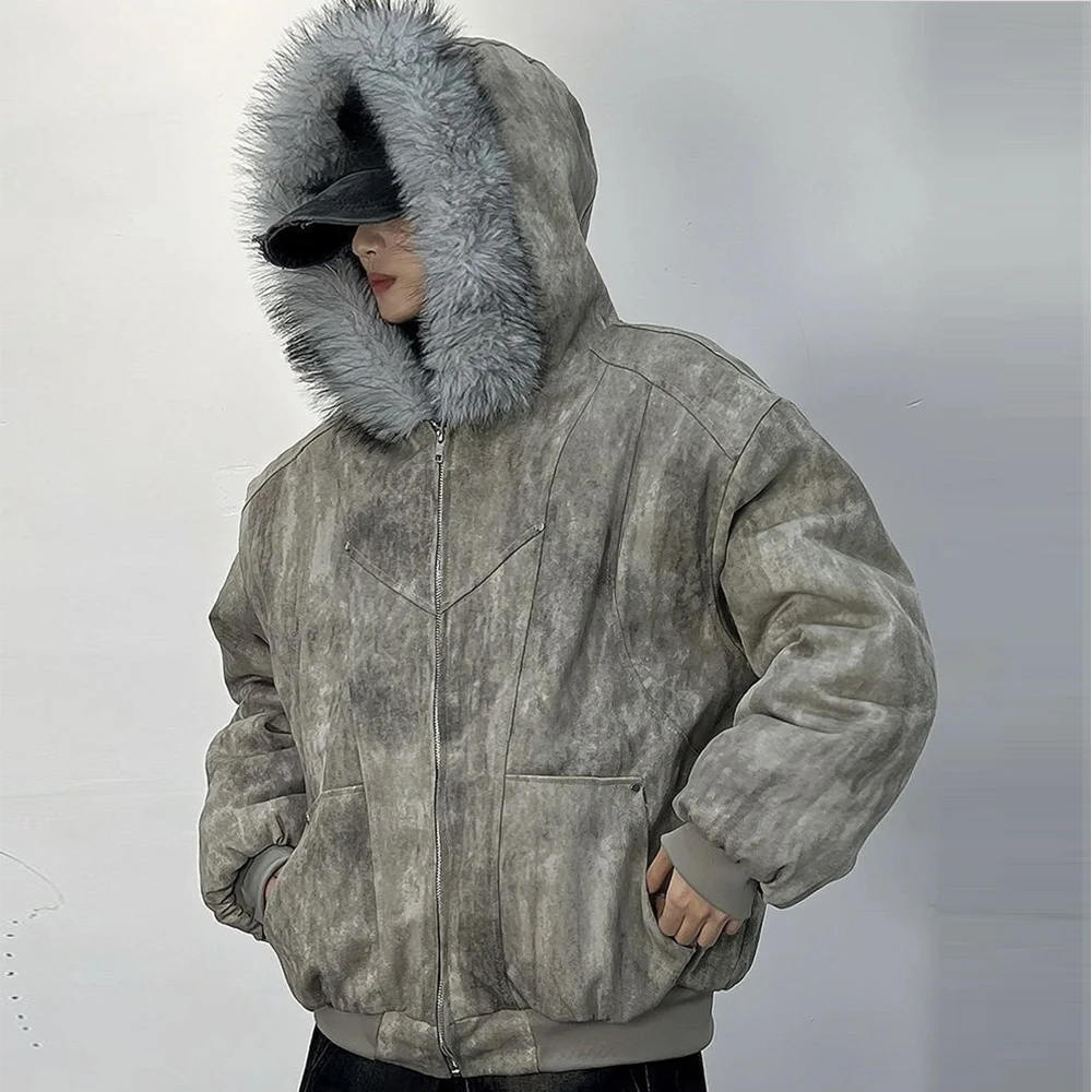 

2025 new cotton jacket winter mountain carving thickened tie-dye fur collar set cotton jacket same style for men and women