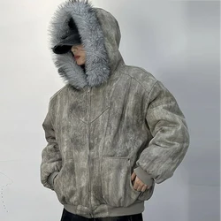 2025 new cotton jacket winter mountain carving thickened tie-dye fur collar set cotton jacket same style for men and women