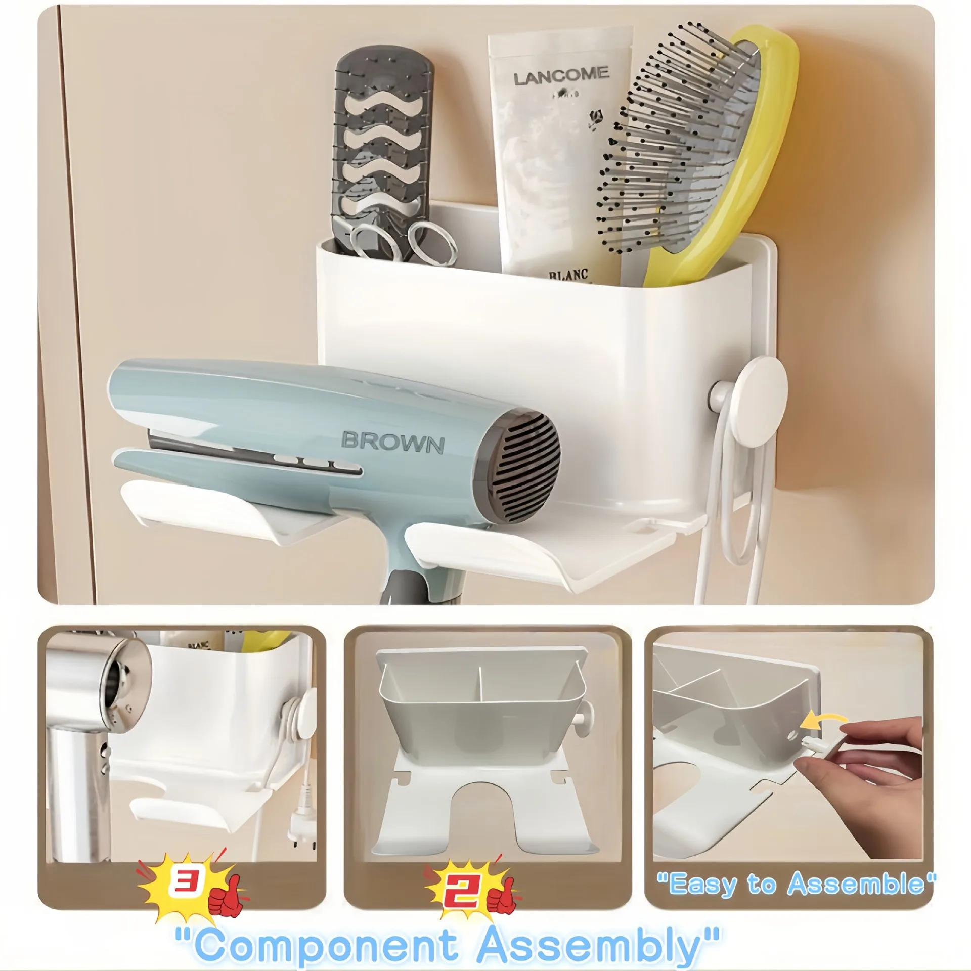 Hair dryer holder - Wall-mounted electric hair dryer stand without drilling holes - Toothbrush comb holder