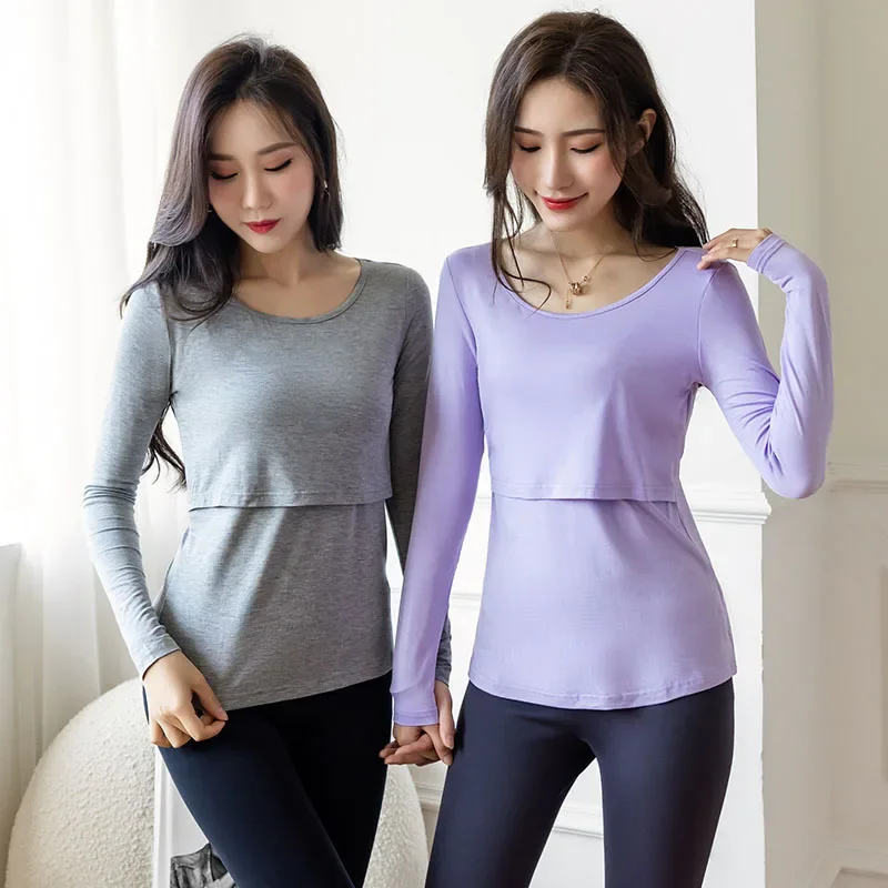 Spring Autumn Breastfeeding T-shirt Long Sleeve Maternity Tops Soft Cotton Pregnant Clothes Good Stretch Nursing Wear 2 Colors