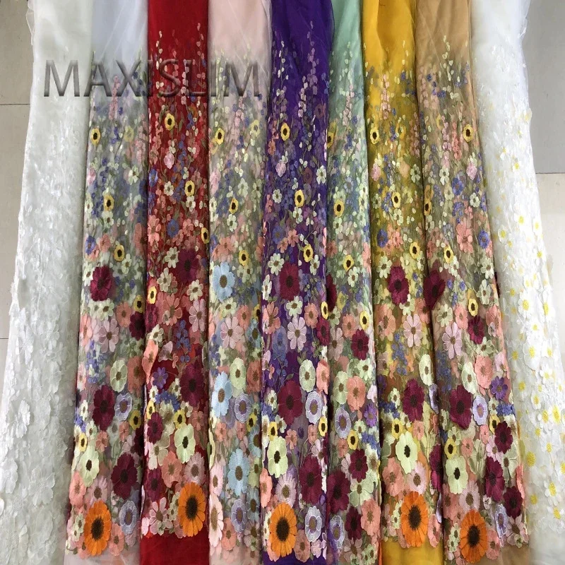 Punto multicolor bordado de flores de una sola cara 3D, ropa de escenario, vestido de moda, tela de encaje bordado con: 120CM