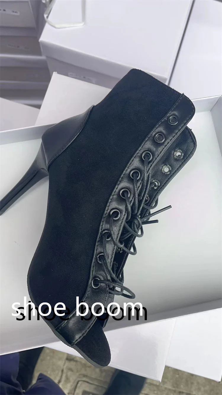 Sandalias con cordones, tacones de 9CM, zapatos de mujer, tendencia de verano 20224, botas sexis negras con punta abierta, tacones de aguja de tela a la moda, baile de Jazz para mujer