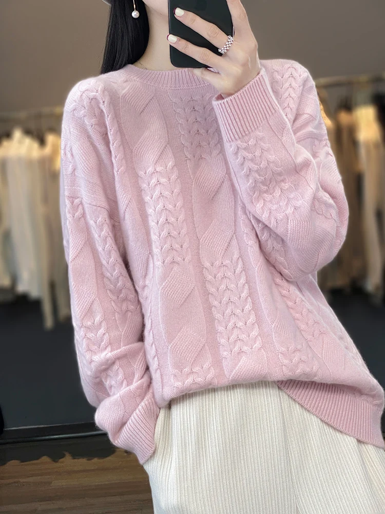 Thick Large size 100% Merino Wool Women's Sweater New Arrival O-Neck Pullover Knitted Twisted Jumper Lady Clothes Fashion Trends