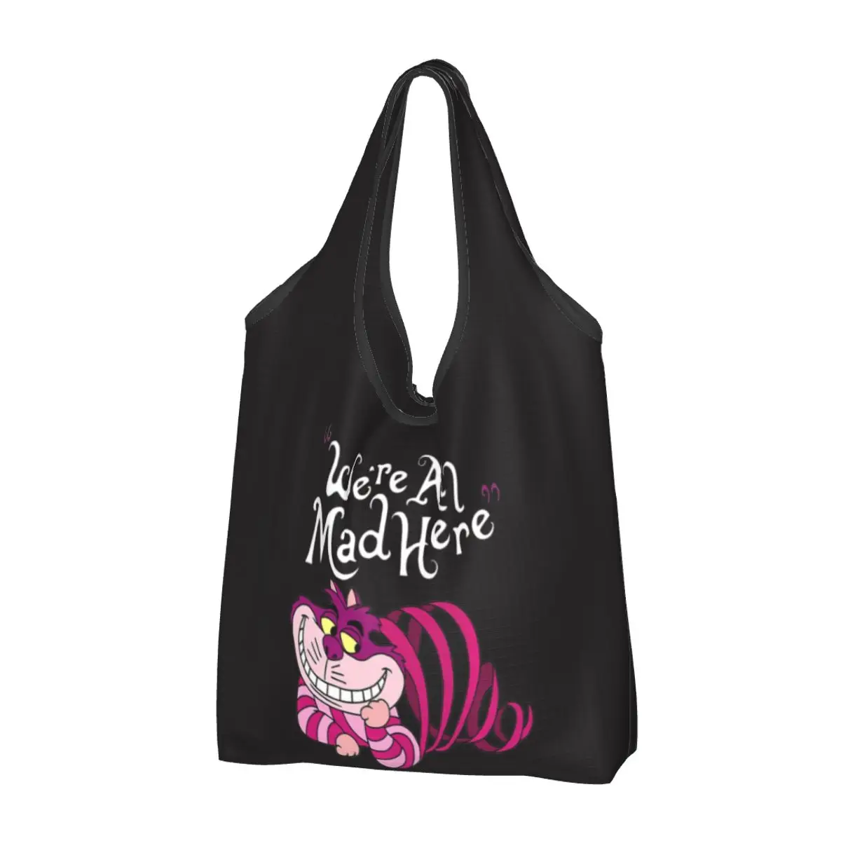 

Custom Cheshire Cat Groceries Shopping Bag Cute Shopper Tote Shoulder Bag Big Capacity Portable We're All Mad Here Cat Handbag