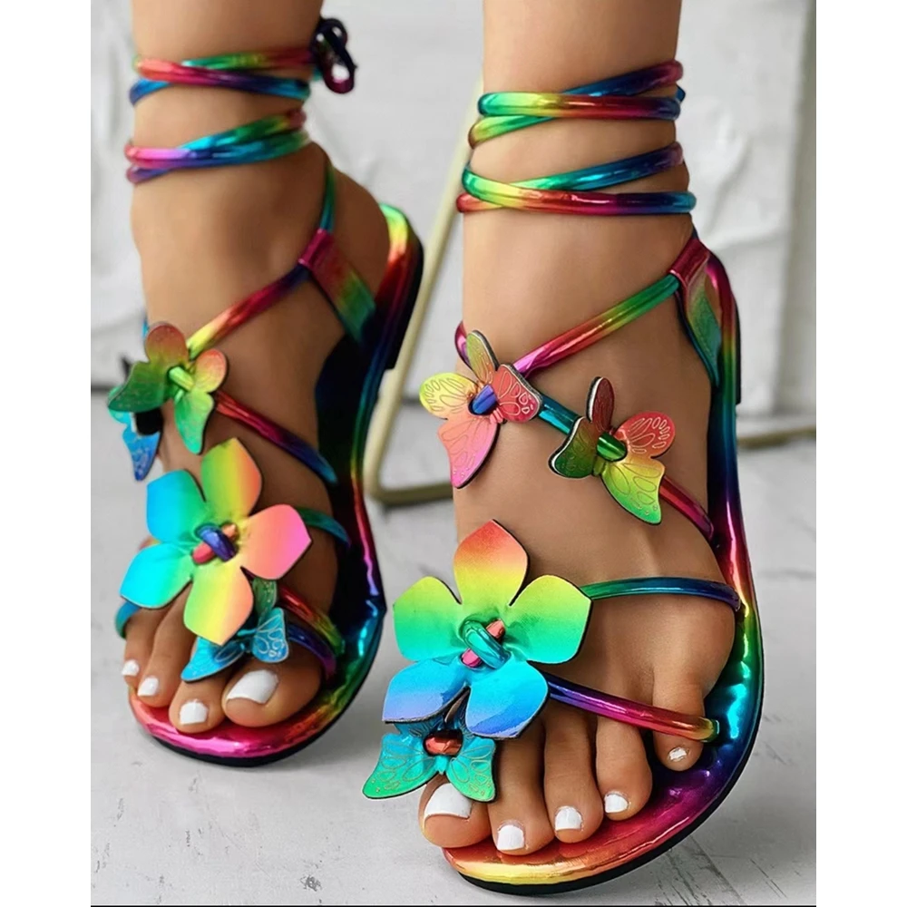 

Fashion Women Rainbow Ombre Butterfly Floral Pattern Strappy Sandals Female Modern Party Summer Shoes