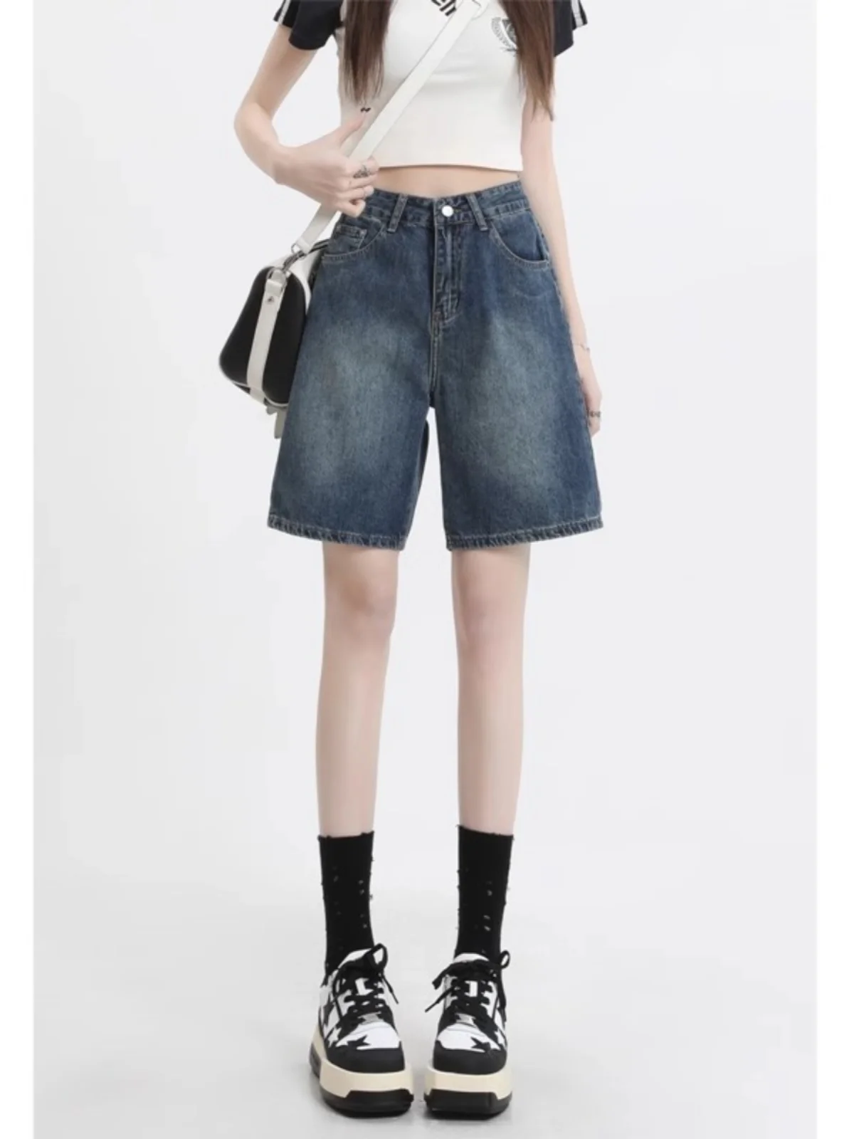 

Retro High Waist Blue Jeans orts Women's Summer Thin Large Size Loose Slimming Straight Leg Five-Quarter Pants