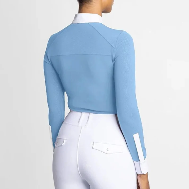 سستة الفروسية تي شيرت المرأة الرياضية طويلة الأكمام بلايز ركوب الخيل بلوزة ربيع الخريف عرض المنافسة متسابق الملابس
