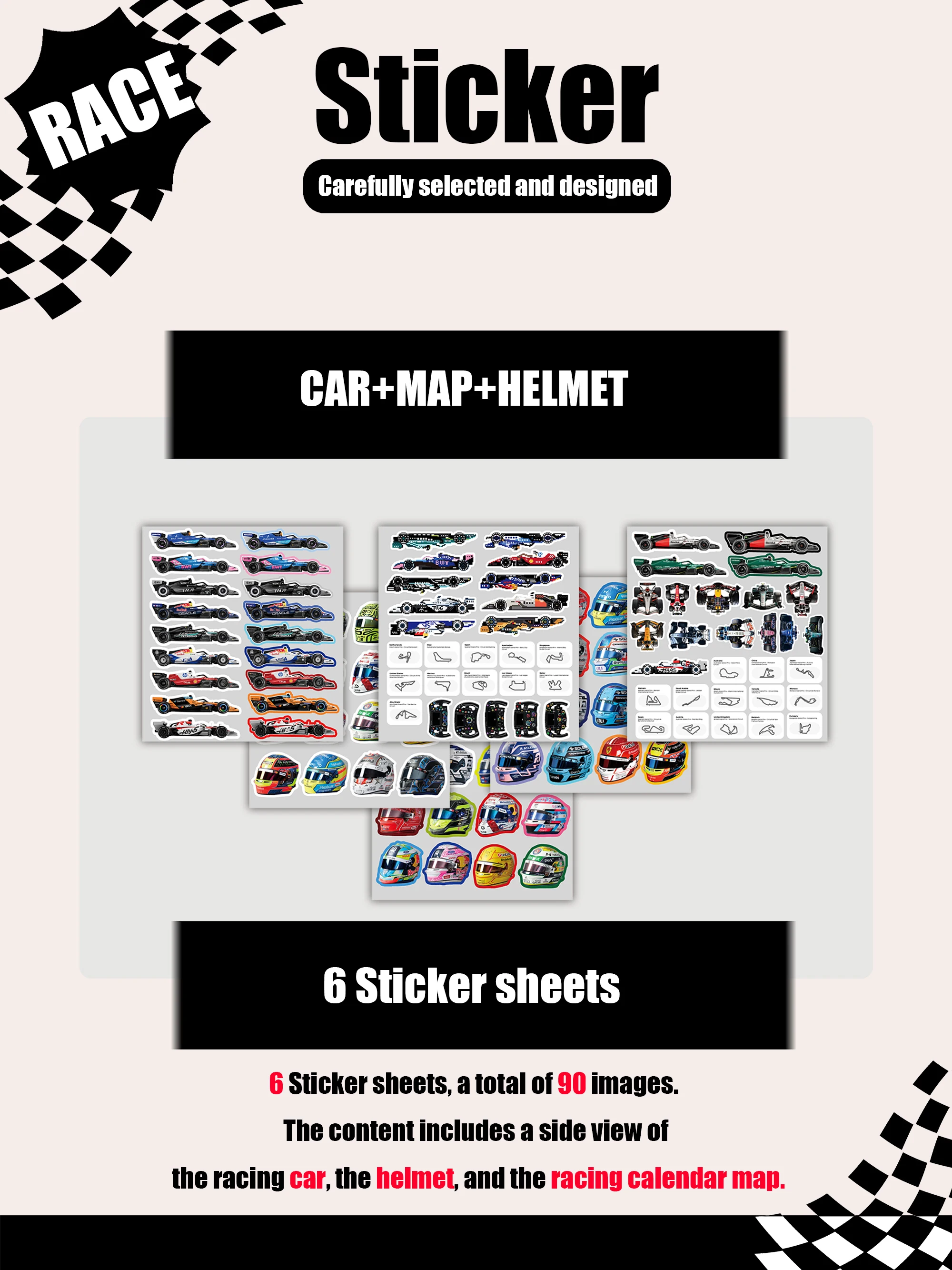 6 Pages/Set, 90Pcs/160Pcs Patterned Designs, Racing-Themed Combination Stickers, Nor/Lec/Rus/Ant/Ver/Gas/Col/Pia/Ham Stickers, Suitable for Luggage, Laptops, and Stationery Decoration - view 3