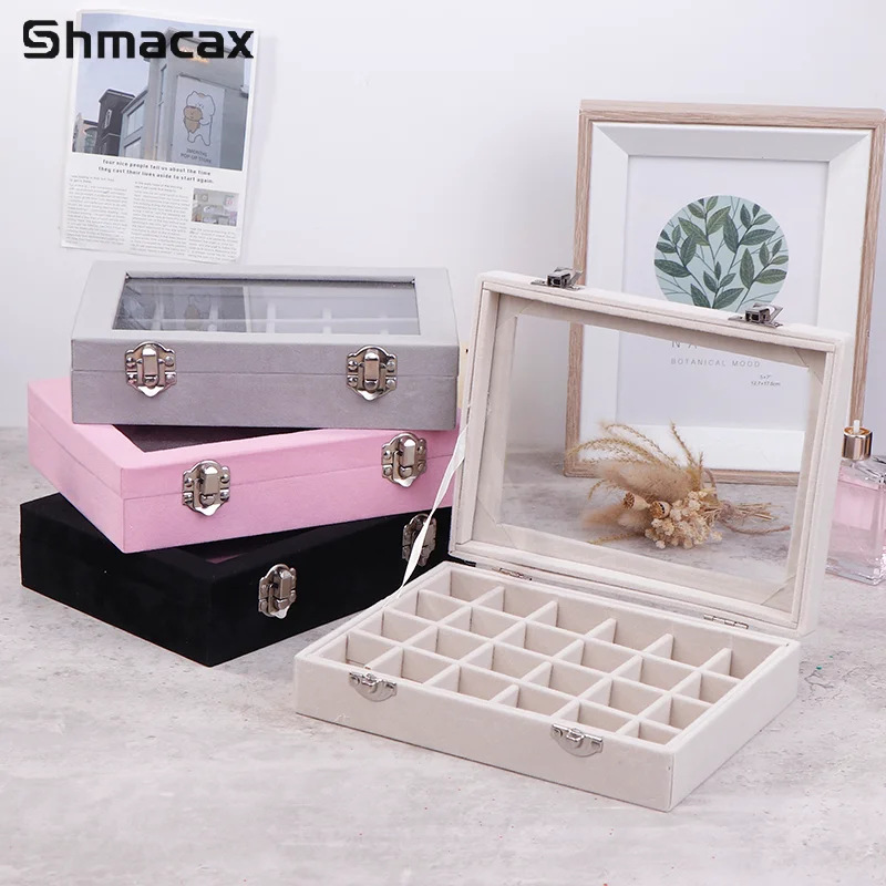 4 Colors Choose 24 Grid Velvet Glass Jewelry Ring Display Organiser Tray Holder Earrings Storage Case With Lock For Girls Women