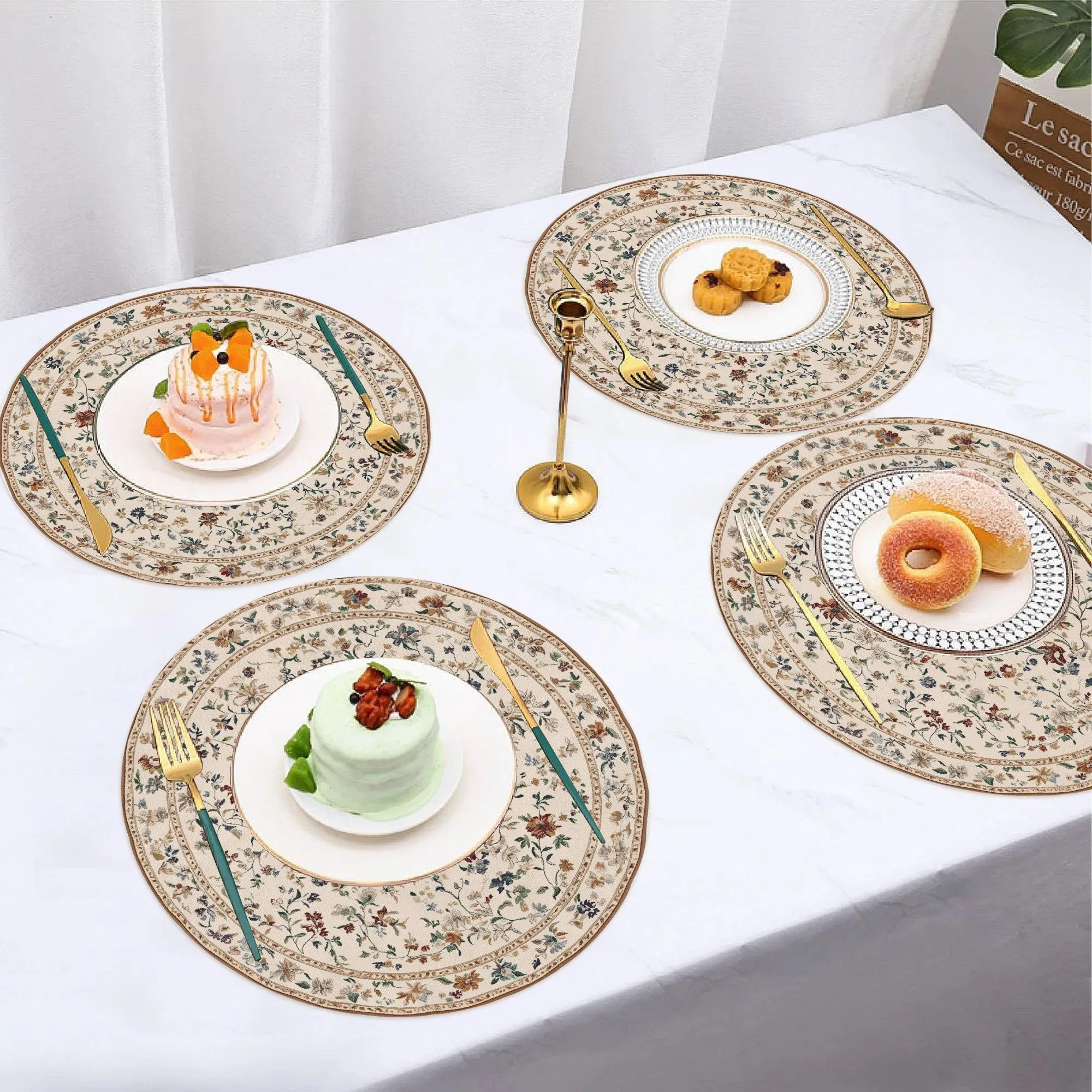 VIKAMA American Vintage Floral Placemat Circular Multicoloured Print Rustic Style Easy-Clean Breakfast Table Decoration