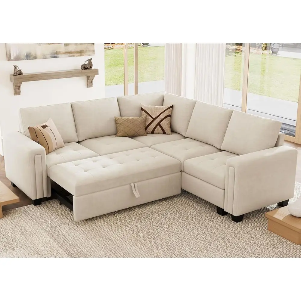 

Velvet L-Shaped Sleeper Sofa with Pull-Out Bed, Convertible Sectional for Living Room in Beige