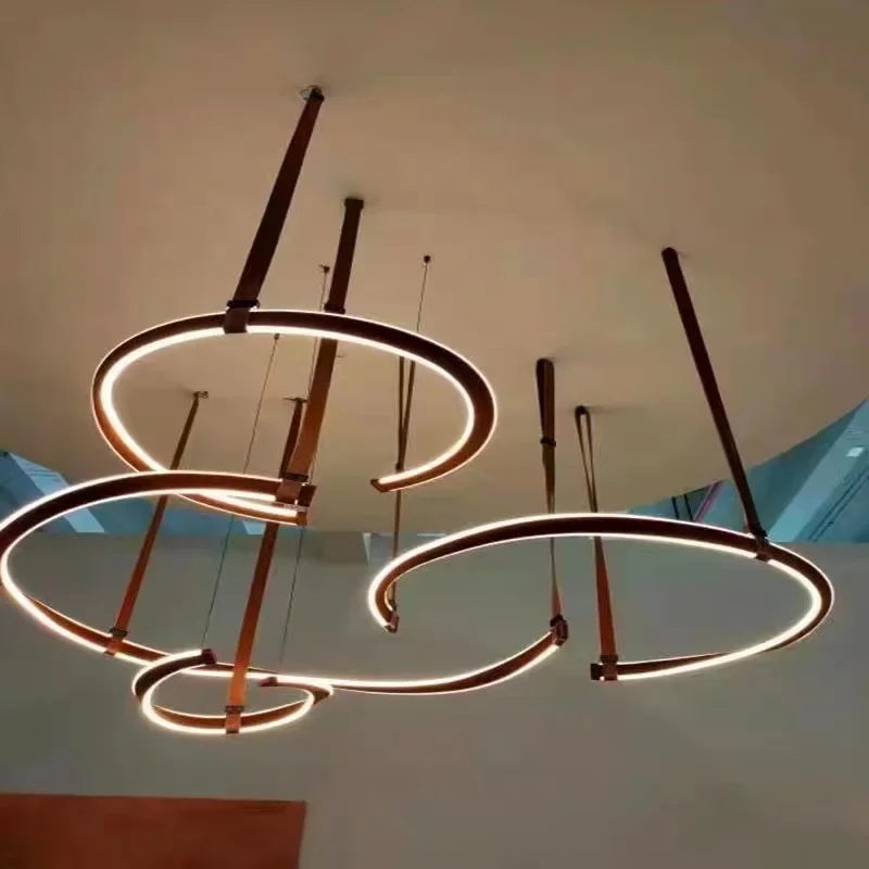 SANDYHA Modern LED Pendant Light Leather Ring Chandelier for Living Room Dining Bedroom Postmodern Simple Design