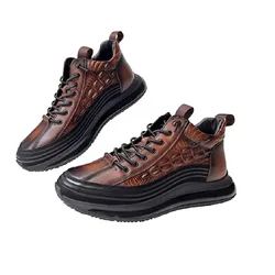 Men's Slip on Leather Sneakers Non-Slip Casual Fashion Height Increasing Cowhide Crocodile Print Sneakers