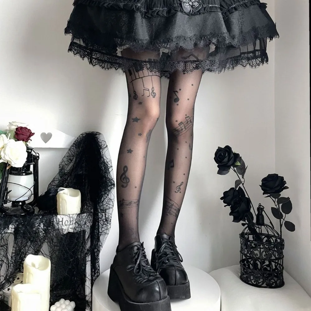 

Fashion Ultra-Thin Patterned Stockings Symbol Print JK Style Pantyhose Stretchy Fabric Music Note Tights Club Party