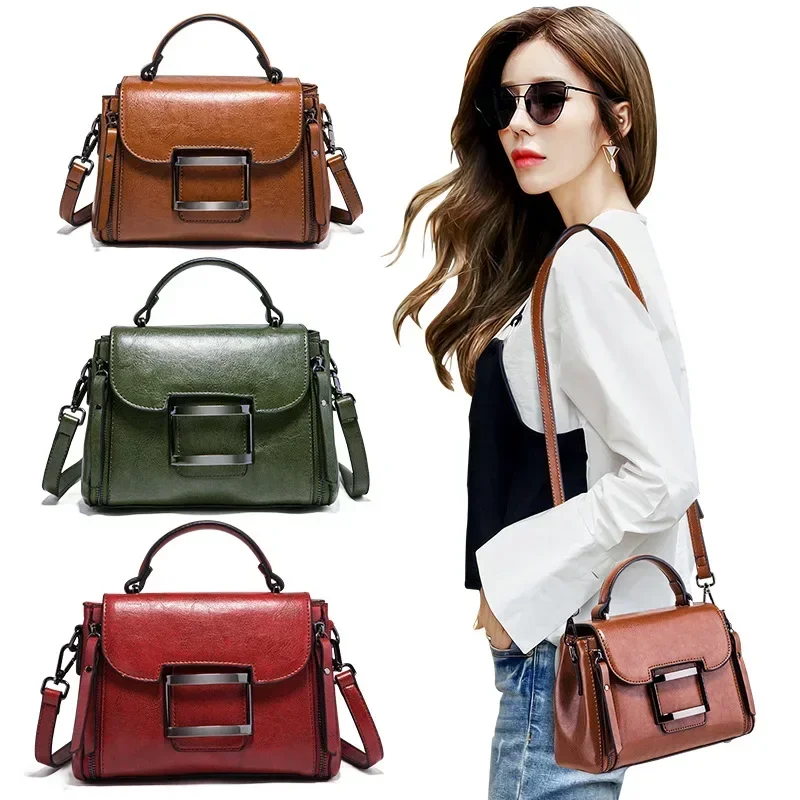 Simple handbag womens spring and summer new Korean version fashion retro oil wax leather crossbody small square bag shoulder bag