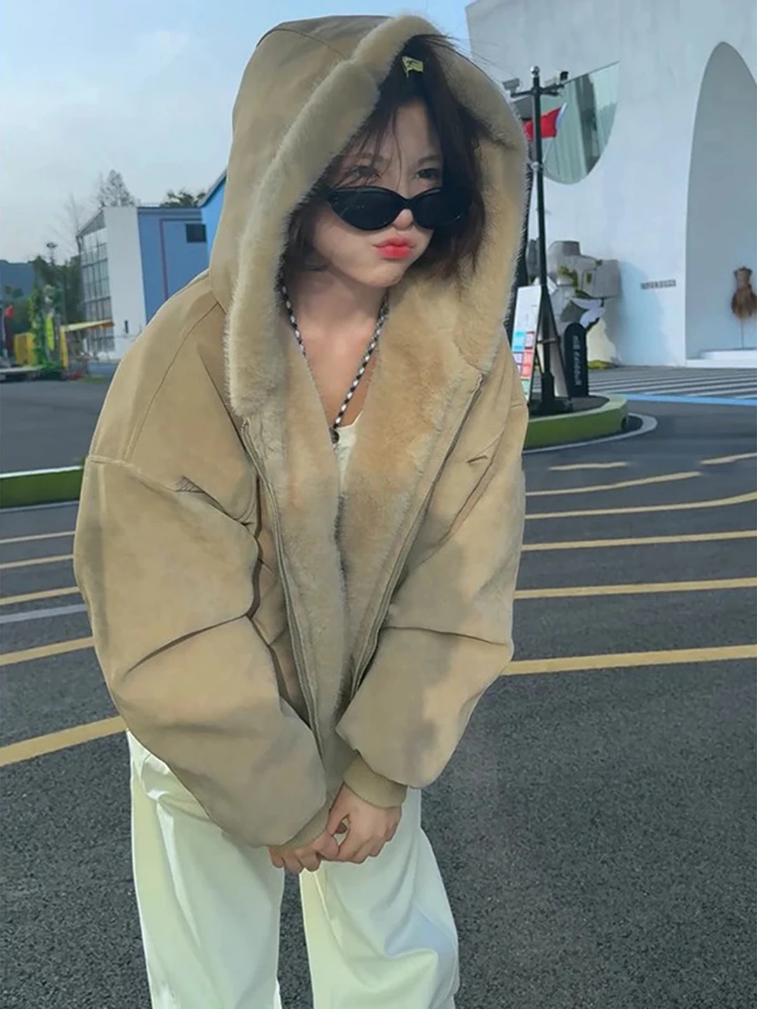 

Thiened Floing PU Leather Hooded Jaet Mens Casual Warm Winter Coat with American Sle Fur Collar Mountain Eagle Pattern