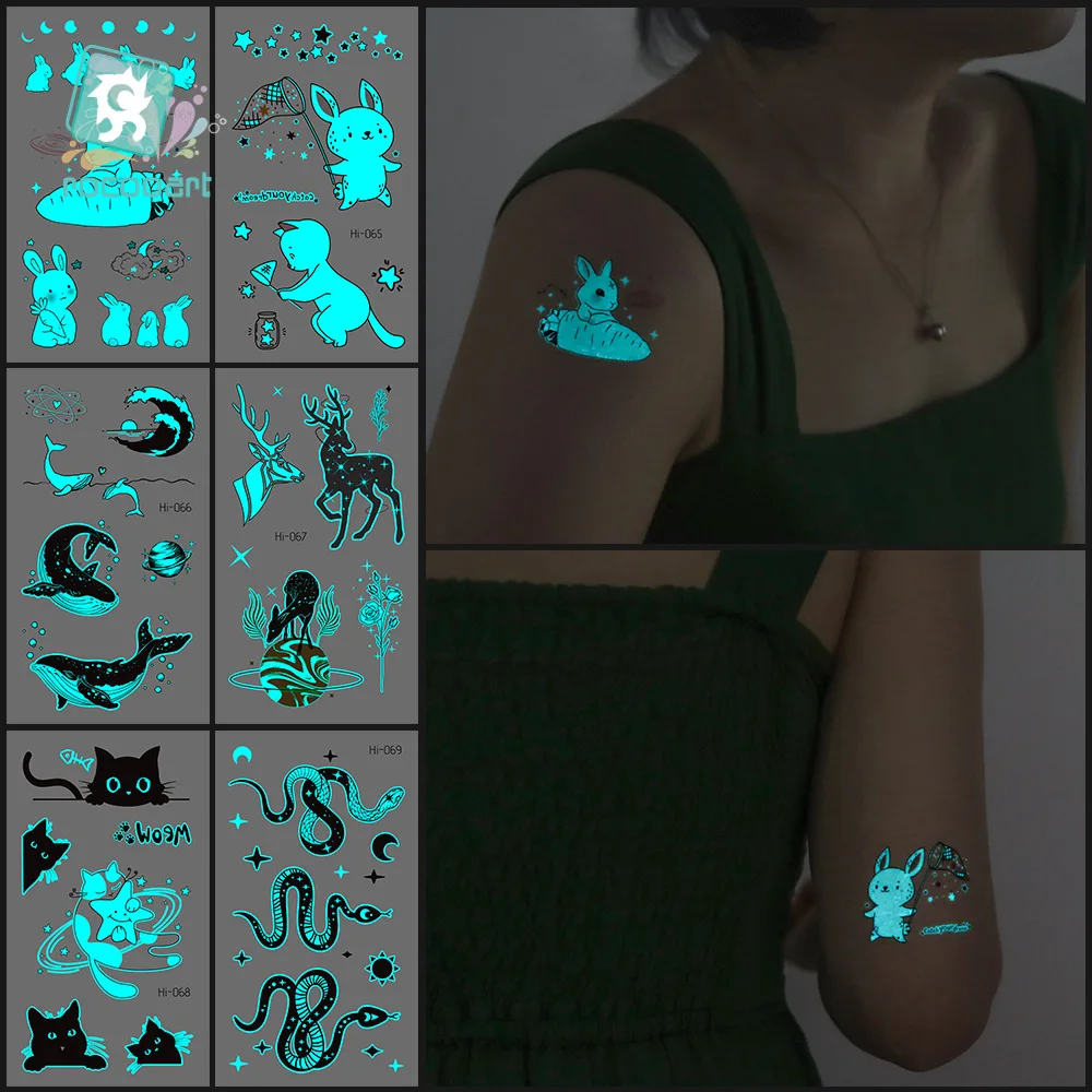 Parche de tatuaje luminoso azul-verde impermeable, dibujos animados, espacio, Animal, música, Festival, Tatuajes Temporales, pegatina tamaño: 105 ×