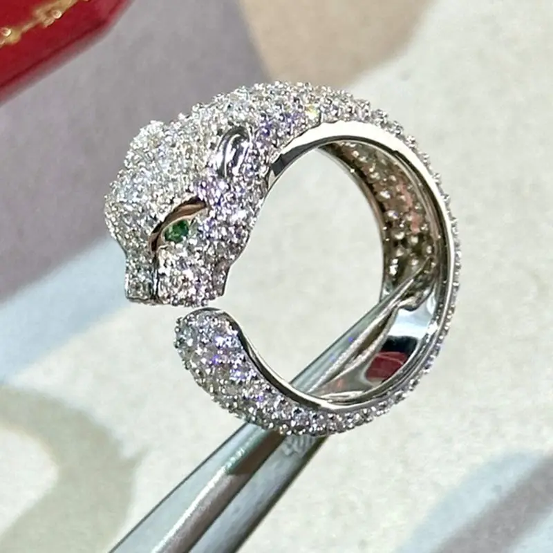 High Craft Full CZ Carbon Diamond Stone Paved Panther Leopard Open Rings Silver 925 Luxury Designer Jewelry for Men or Women