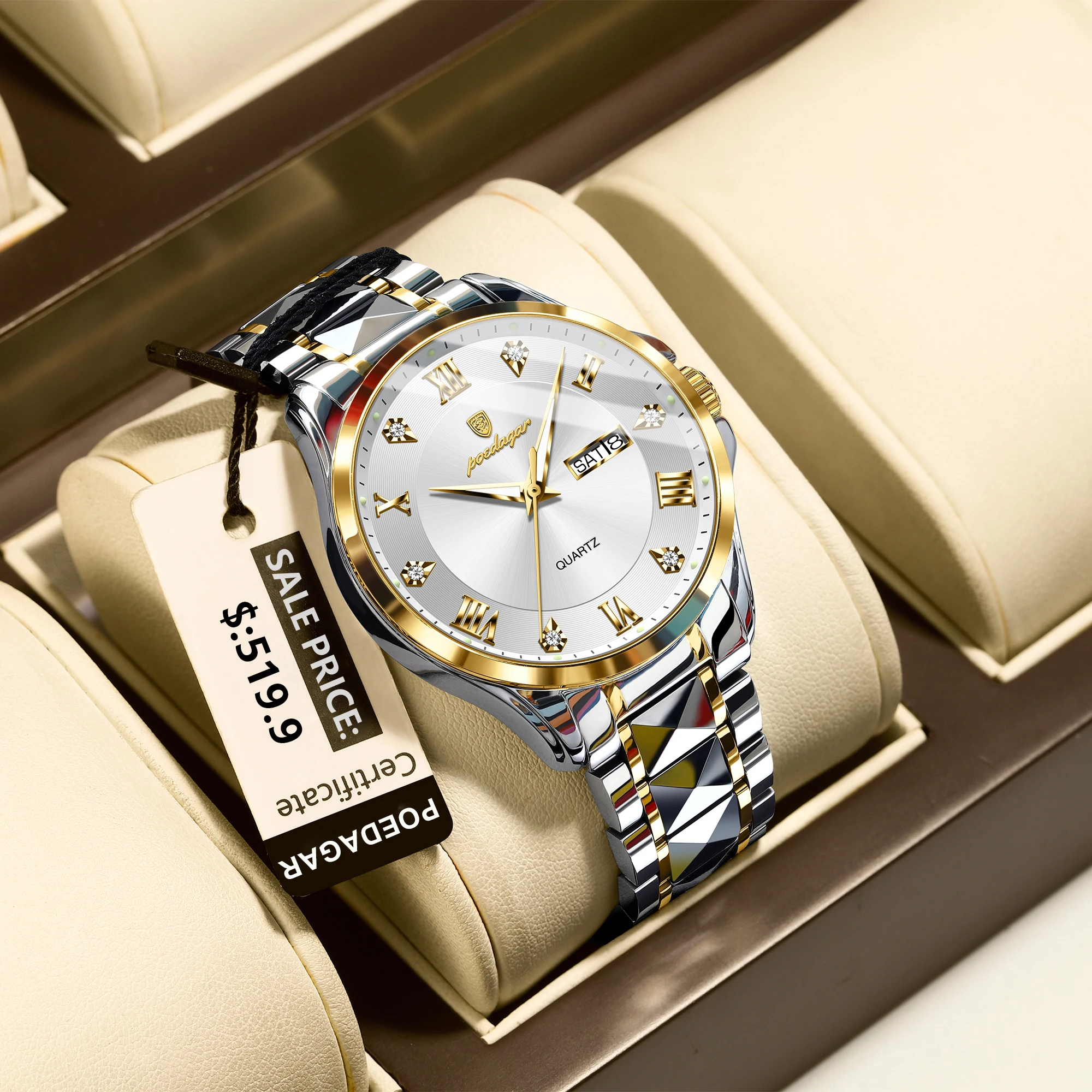 

POEDAGAR Fashion Man Wristwatch Waterproof Luminous Date Week Men Clock Stainless Steel Business Quartz Men's Watches Male Reloj