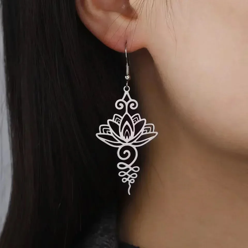 Vintage Unalome Lotus Flower Dangle Earrings for Women Stainless Steel Yoga Buddhism Drop Earring Jewelry Friendship Gift