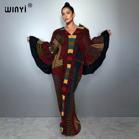 WINYI Pleated Elastic puff(ed) sleeves boho dress beach cover up muslim woman kaftan abaya dubai luxury long down evening dress