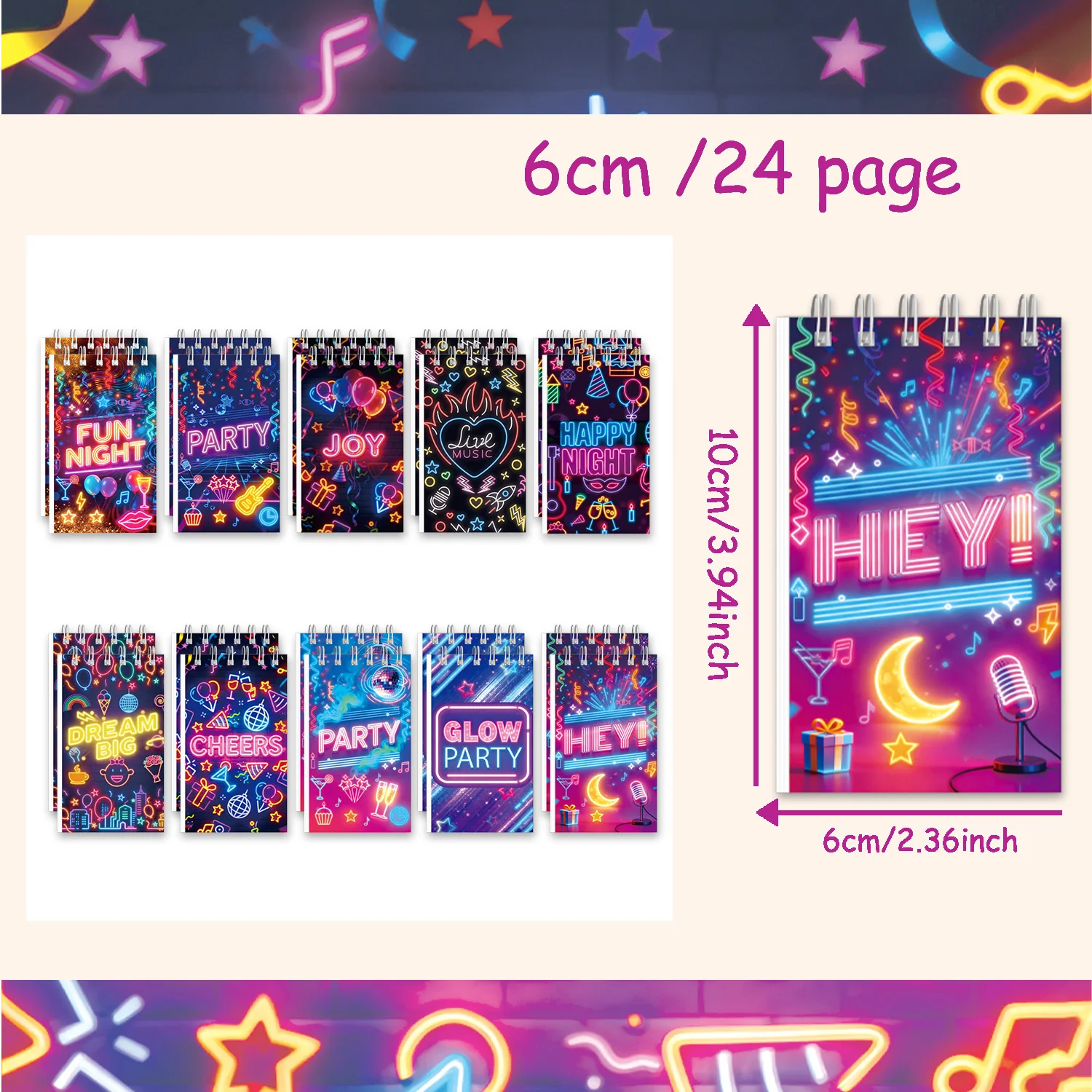 Neon Glow Party Mini Spiral Notebook 24 Pages Night Music Cocktail Print Portable Pocket Notepad Birthday Party Favor Stationery view 3