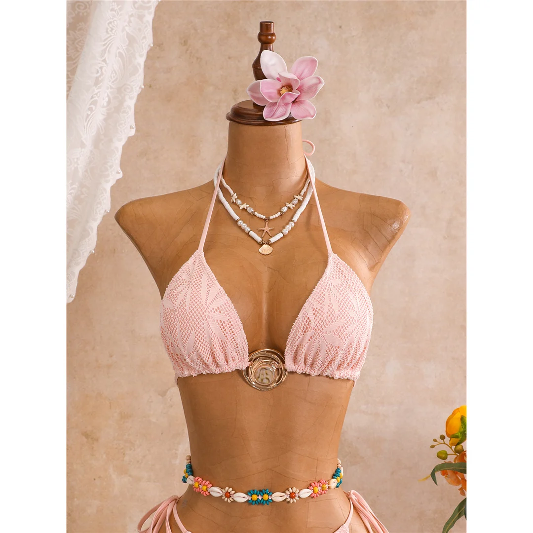 Mit Sarong-Blättern bedruckter Neckholder-Bikini, Damen-Badeanzug, dreiteiliges Bikini-Set, Badebekleidung, Badeanzug, Schwimmanzug V8367 – Detail 31
