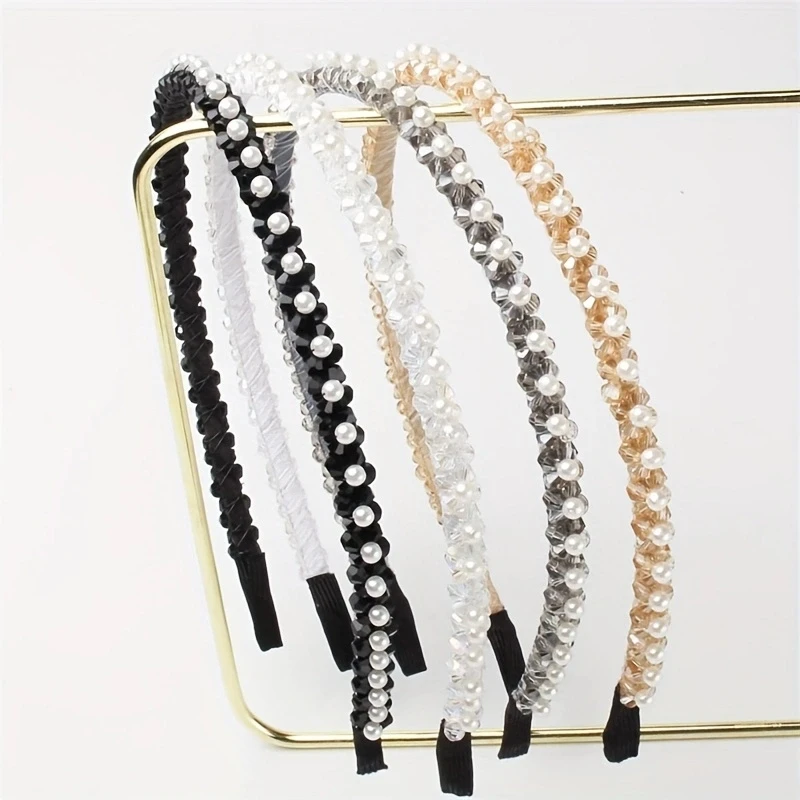 2pcs/Set Handmade Beaded Headband Exquisite Crystal Rhinestone Flower Imitation Pearl Hairbands Women Hair Accessories