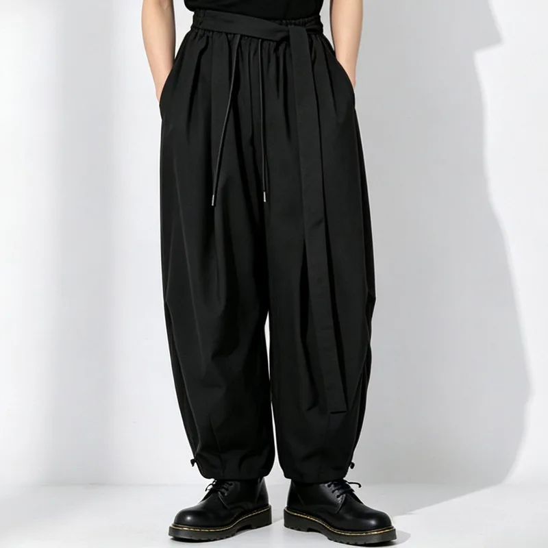 Men'S Casual Black Loose-Fitting Wide-Leg Pants With A High Waist And A Cropped Length, Style 24033