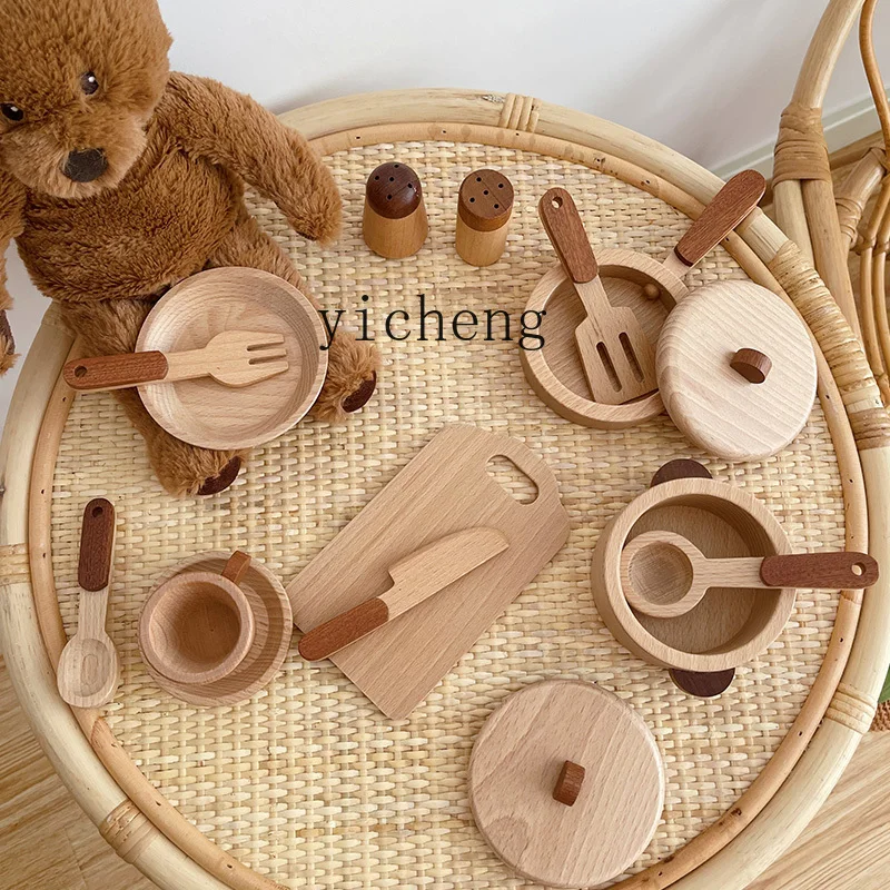 

Tqh Children's Simulation Kitchen Cooking Play House Toys Solid Wood Cutlery Drop-Resistant Mini Pot Bowl Kindergarten