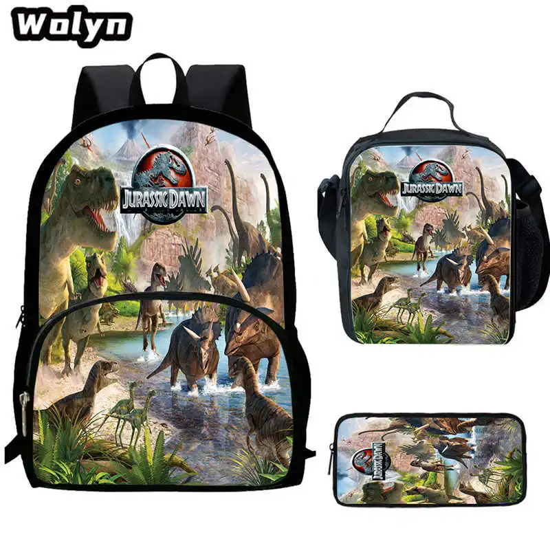 3Pcs Set Dinosaur Mochila Jurassic Backpack with Lunch Bags Pencil Case,Printing Book Bags for Grades1-5 Students Backpacks