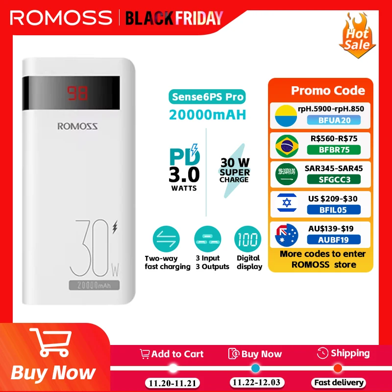 ROMOSS Sense6PS PRO PD 30W Fast Charging Power Bank 20000mAh Portable External Battery Powerbank for iPhone 15 14 Xiaomi HUAWEI