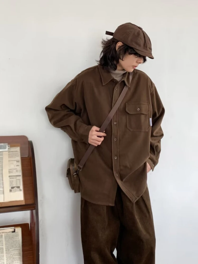 Vintage Cargo Shirt Men Women Japanese Loose Lapels and Long Sleeves Thickened Solid Color Casual Coat Harajuku Unisex Tops New