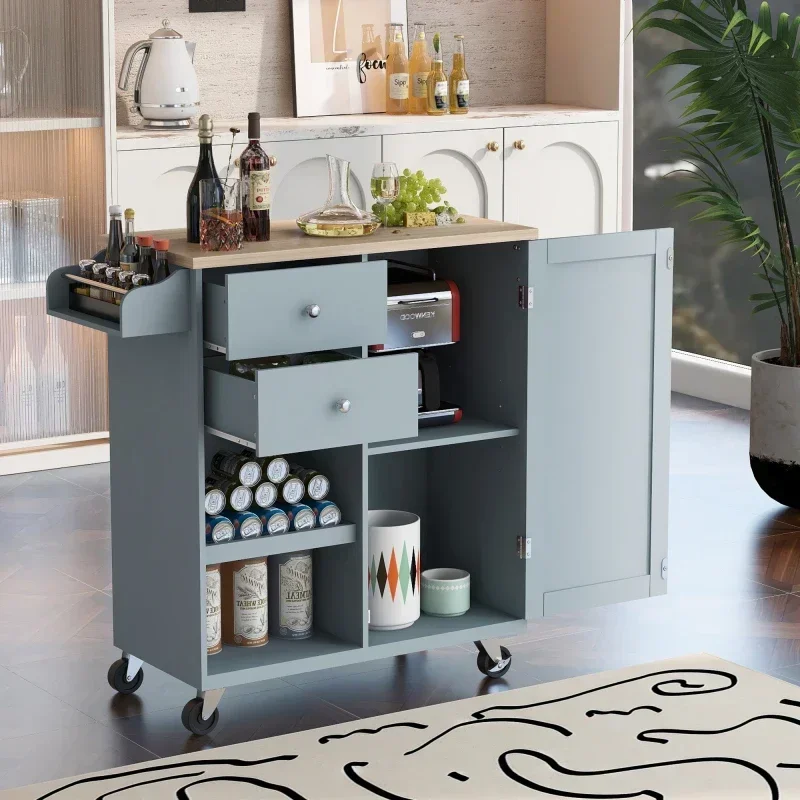 Kitchen Cart with Spice Rack  Towel Rack & Two Drawers Rubber wood top Kitchen Island with 4 Wheels Grey Blue