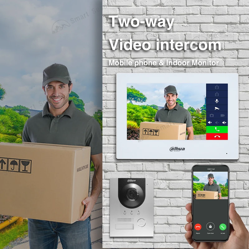 Dahua kit interkom Video 2 kawat asli, Set bel pintu Digital rumah 1080P bel pintu VTO2202F-P-S2 7 "Monitor VTH2622GW-W dalam ruangan