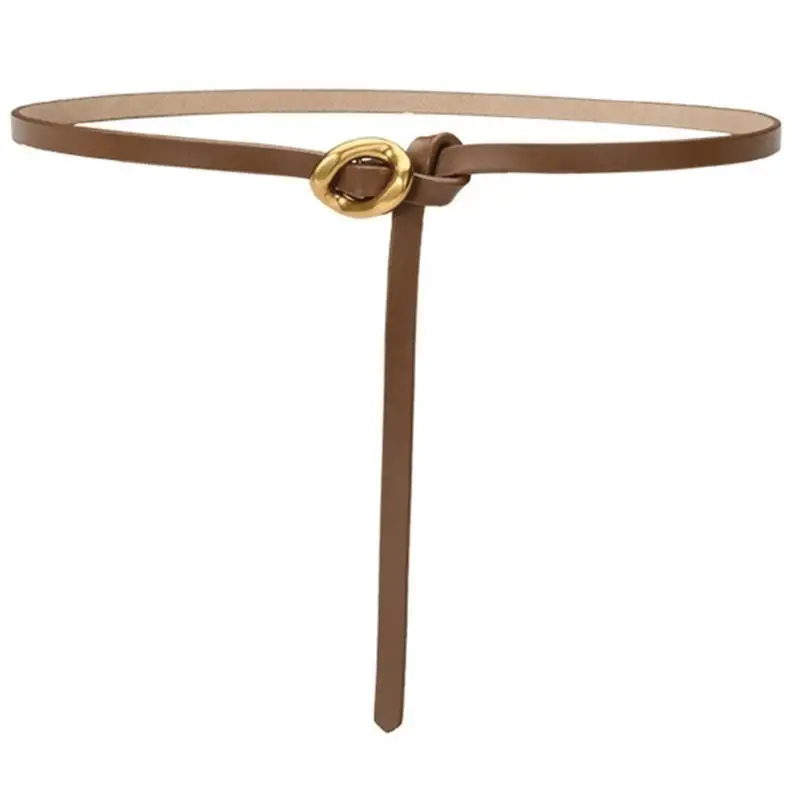652F Leather Belt for Women Metal Buckle Selftied Belt Lady Narrow Waistband Aesthetic Waist Belt for Dresses Formal Event