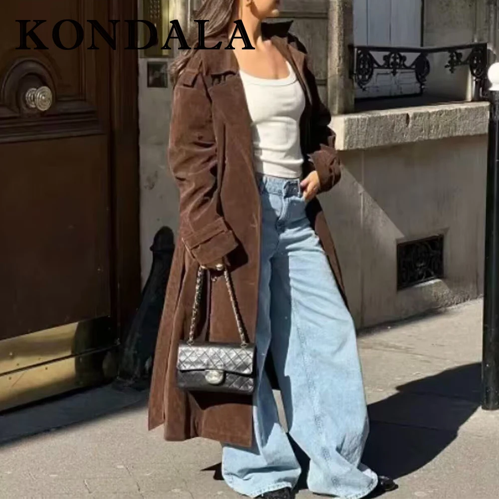 معطف نسائي عتيق موضة خريف 2025 من KONDALA معطف مزدوج الصدر فضفاض وشاحات ملابس خروج طويلة أنيقة للسيدات