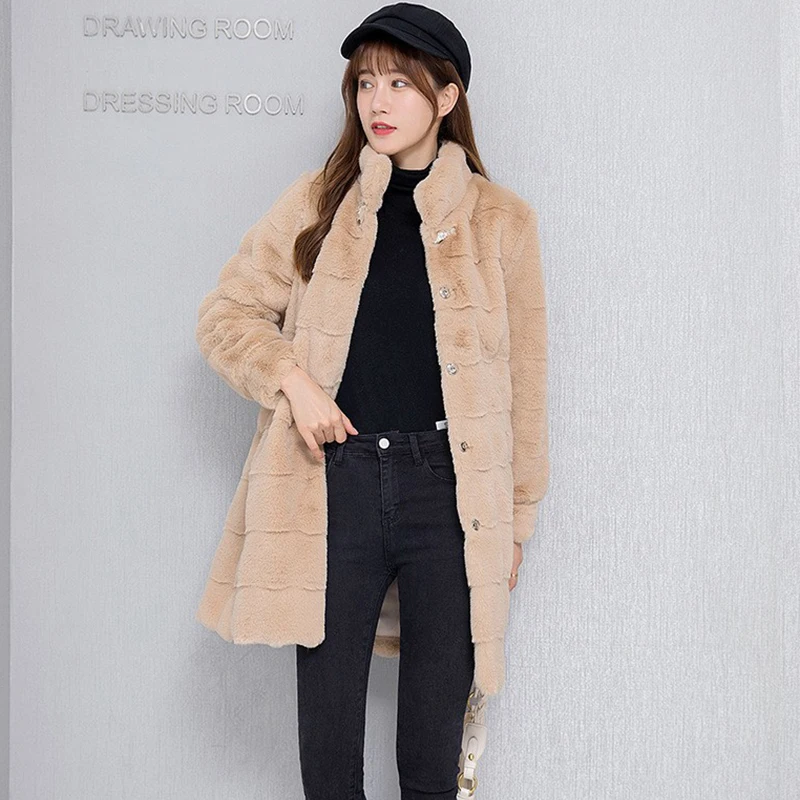 2023 Autumn Winter Mid-Length Women's Faux Mink Fur Coat Thick Warm Stand Collar Single Breasted Furry Overcoat Lady