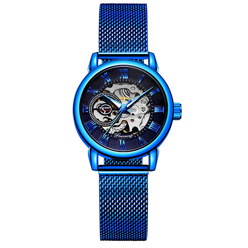 Forsining New Fashion Women\'s Luxury Blue Mechanical Watch Roman Numerals Transparent 3D Skeleton Ladies Watches Mesh Belt Clock