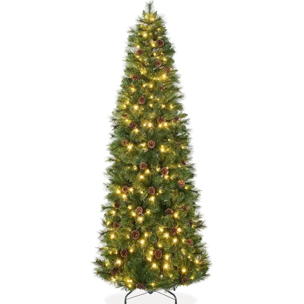 

Scotch Pine Pencil Christmas Tree, 6ft Premium Skinny Pre-Decorated Day Decor with White and Multicolor LED Lights