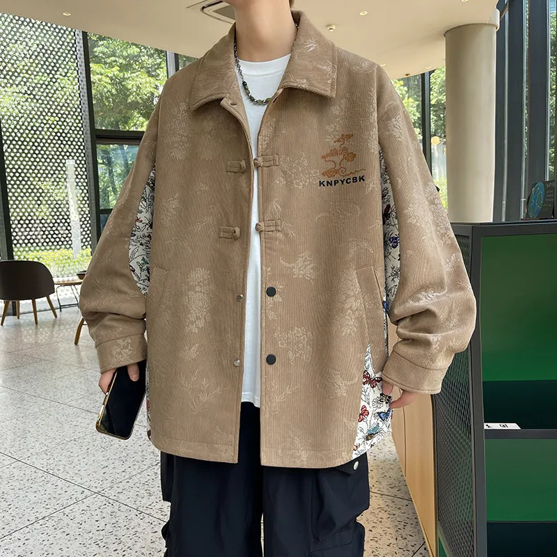 

Spring New Sle Casual Retro Men's Jaet Turn-down Collar Button-up Faionable Versatile Outerwear Polyester Fiber Long Sl...