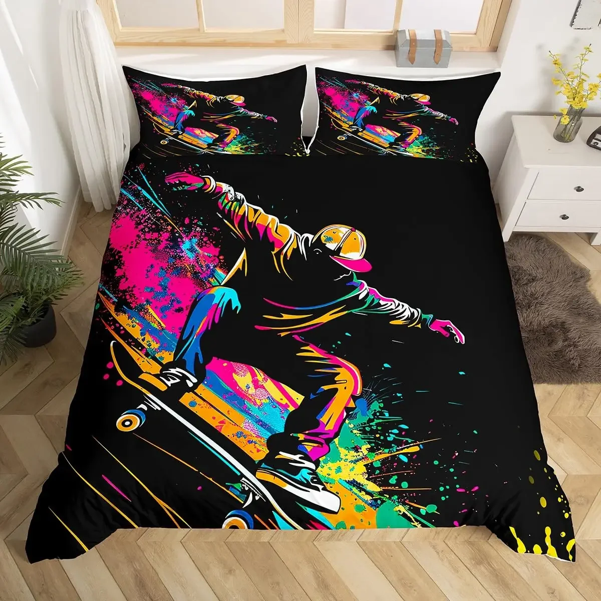 Teens Skateboard Duvet Cover Boys Hipster Graffiti Style Comforter Covers Children Extreme Sports Theme Cool Skate Bedding Set