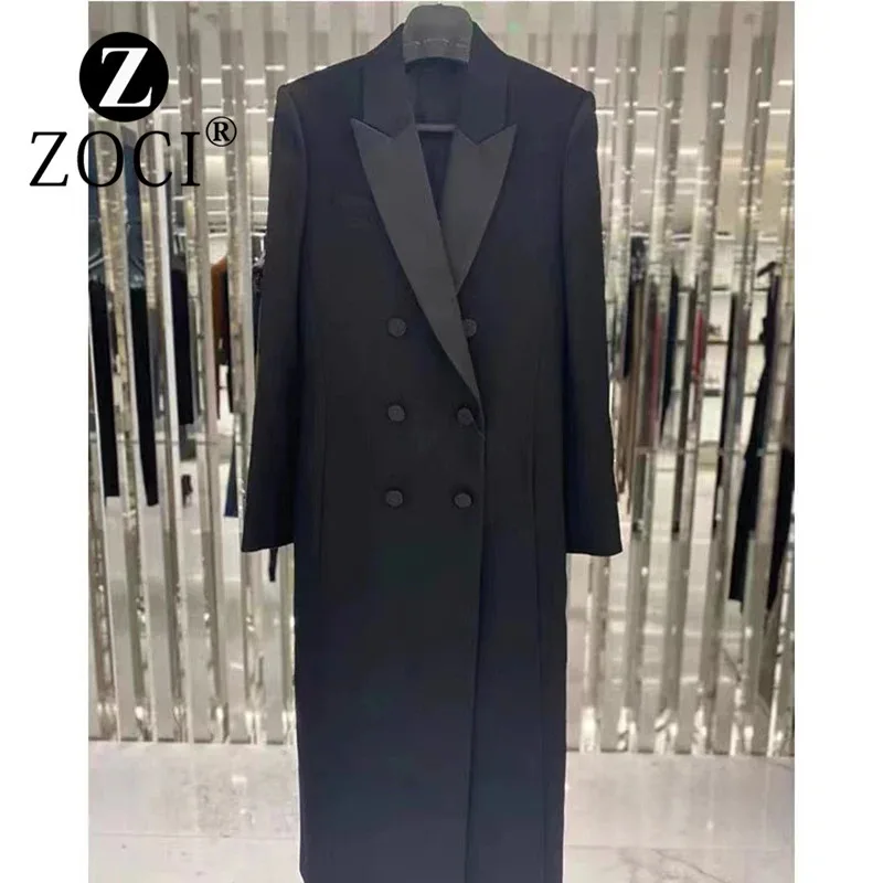 [ZOCI] Black High-end Mid Length Trench Coat For Women 2024 New Double Breasted Long Slim Fit Suit Jacket