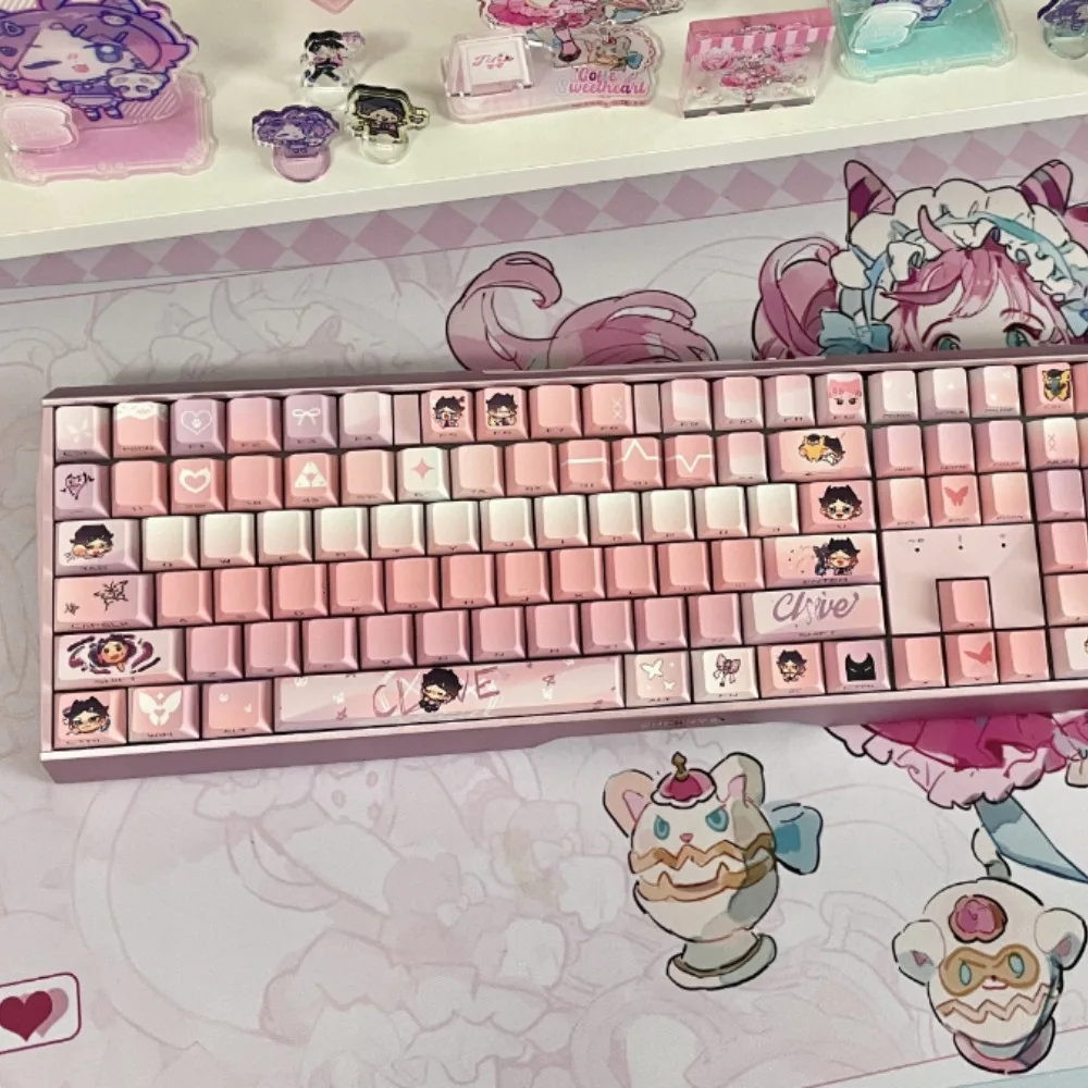 Valorant Clove Theme Keycap Set 124key PBT Custom Cute Pink Keyboard Cap Cherry Profile Gaming KeyCap for Mechanical Keyboard