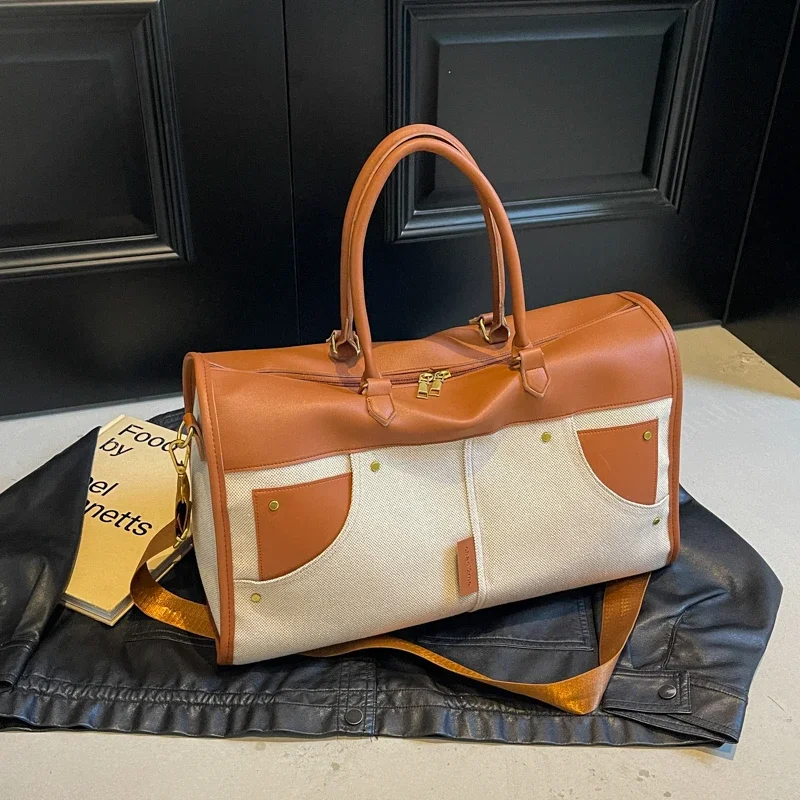 

Sense of Luxury Casual Canvas Simple Travel Bags Color Matching Retro Hot Trendy Large Capacity Shoulder Bag for Unisex 2024 New