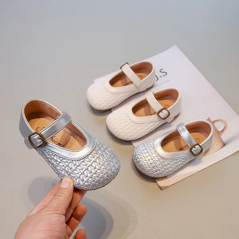 

Girls PU Leather Shoes Spring Autumn New Woven Soft Sole Simple Princess Breathable Fashion Mary Jane School Student Loafer