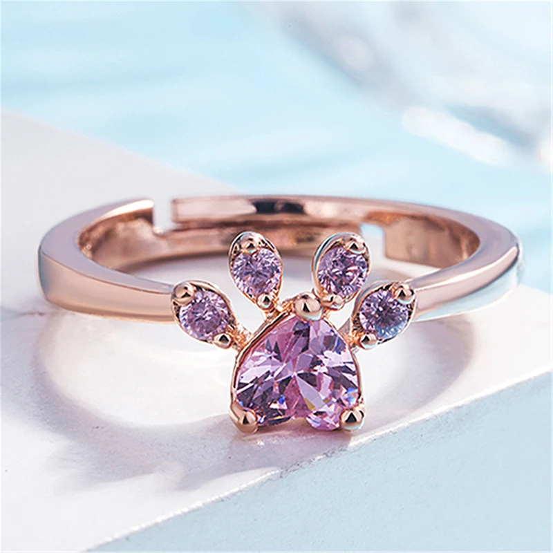 

Cute Cat's Paw Crystal Engagement Animal Design Hot Sale Rings For Women Pink Zircon Cubic Elegant Rings Female Wedding Jewelry